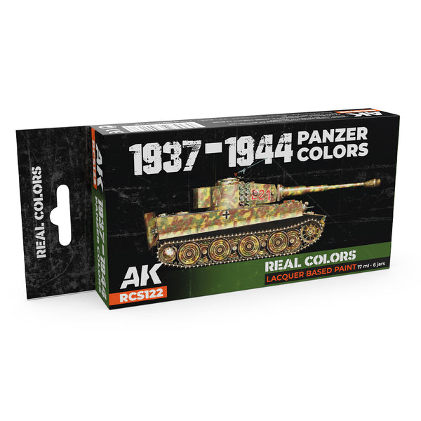  AK Interactive Real Colors Set RCS122 package showcasing six meticulously formulated German Panzer paint bottles spanning 1937-1944 on a pristine white background