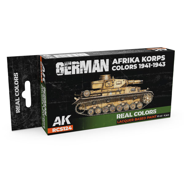 AK Interactive Real Colors Set RCS124 package showcasing six meticulously formulated German Afrika Korps paint bottles for 1941-1943 period on a pristine white background