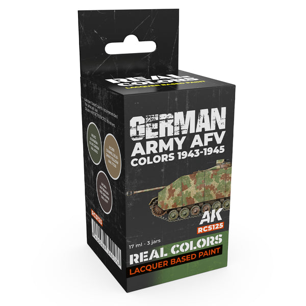 AK Interactive Real Colors Set RCS125 package displaying three meticulously formulated late-war German Army AFV paint bottles for 1943-1945 period on a clean white background