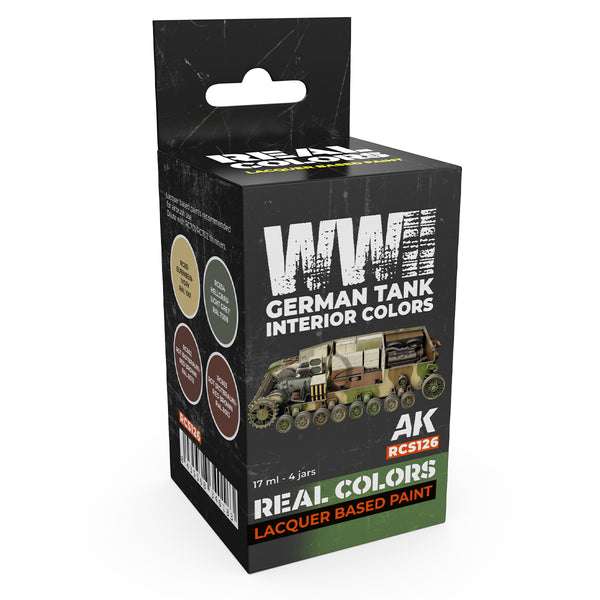 AK Interactive Real Colors Set RCS126 package showcasing four meticulously formulated WWII German tank interior paint bottles on a pristine white background