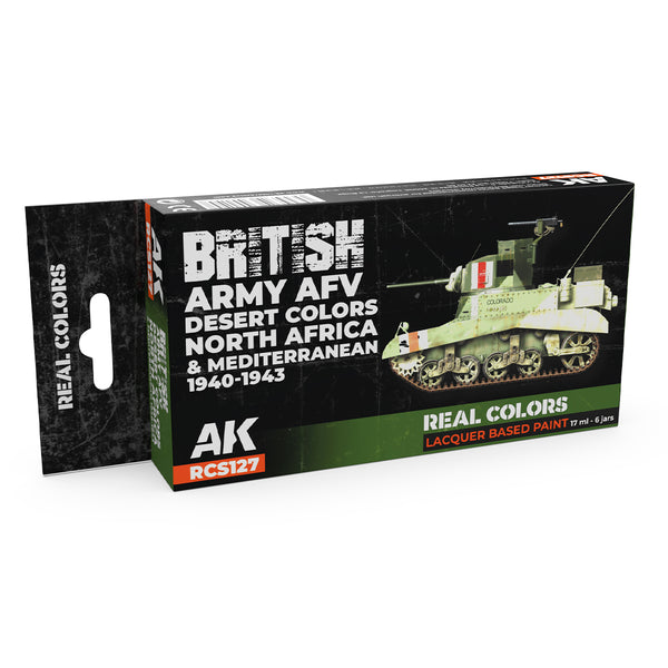 AK Interactive Real Colors Set RCS127 package showcasing six meticulously formulated British Army desert paint bottles for 1940-1943 period on a pristine white background