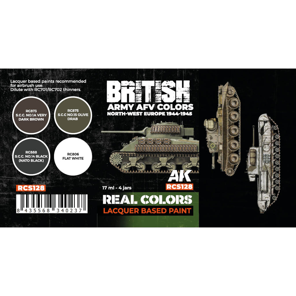 Rear of RCS128 showing four British North-West Europe armour colour swatches