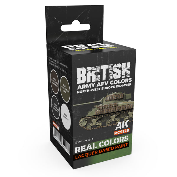 AK Interactive Real Colors Set RCS128 package showcasing four meticulously formulated British Army AFV paint bottles for 1944-1945 North-West Europe campaign on a pristine white background