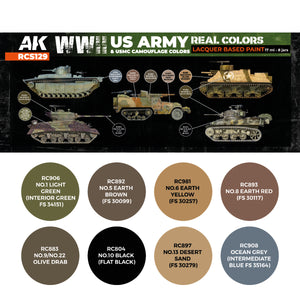  Detailed close-up of RCS129 set label showcasing the eight historically accurate WWII US Army and USMC camouflage paint colors, essential for precise scale modeling across all theaters of war