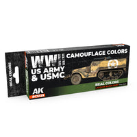 AK Interactive Real Colors Set RCS129 package displaying eight meticulously formulated WWII US Army and USMC camouflage paint bottles on a clean white background
