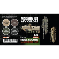 Detailed close-up of RCS130 set label showcasing the five historically accurate modern US AFV paint colors, essential for precise scale modeling of contemporary American military vehicles
