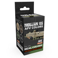 AK Interactive Real Colors Set RCS130 package displaying five meticulously formulated modern US AFV paint bottles from 1984 to present day on a clean white background
