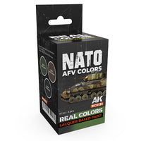 AK Interactive Real Colors Set RCS131 package showcasing three meticulously formulated NATO standard AFV paint bottles on a pristine white background
