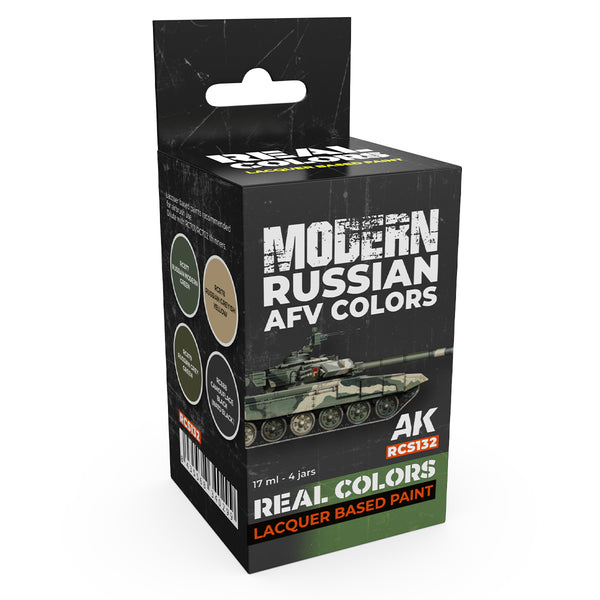 AK Interactive Real Colors Set RCS132 package showcasing four meticulously formulated modern Russian AFV paint bottles on a pristine white background