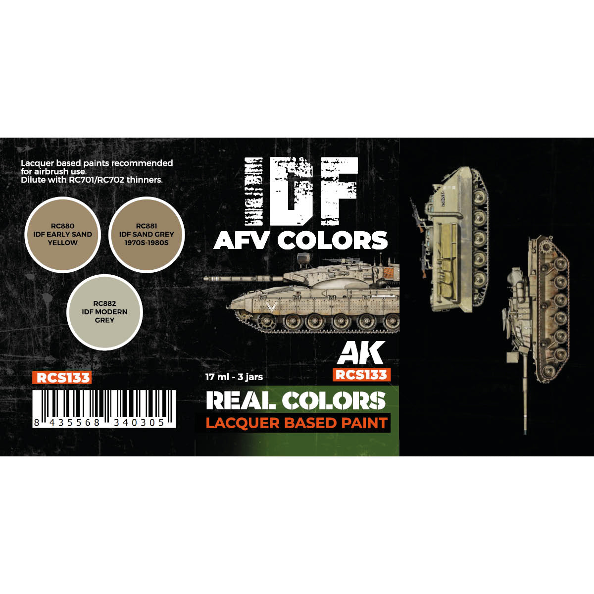 Detailed close-up of RCS133 set label displaying the three essential IDF AFV paint colors, crucial for accurate scale modeling of Israeli military vehicles from the Six Day War era to modern times