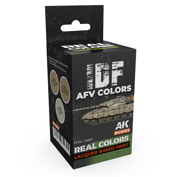 AK Interactive Real Colors Set RCS133 package showcasing three meticulously formulated IDF AFV paint bottles spanning from 1950s to present day on a pristine white background