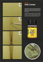 Applying AK025 Fuel Stains enamel product with a brush for realistic fuel spill effects on vehicle tracks and wheels.
