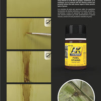 Applying AK025 Fuel Stains enamel product with a brush for realistic fuel spill effects on vehicle tracks and wheels.