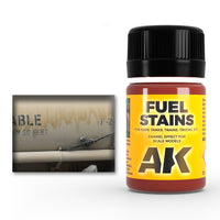 AK025 Fuel Stains enamel product for realistic fuel spill effects on modern and classic vehicles, easily blends with other colors.
