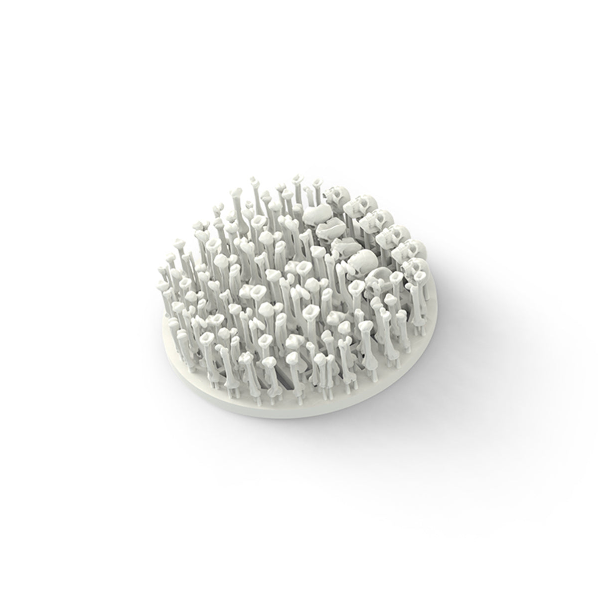 AK8310 bone fragments as supplied: skulls, ribs and long bones 3D printed upright on a round support raft