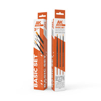  AK Interactive Basic Brushes Set (3 Brushes), perfect for miniature painting and model detailing with high-quality bristles.
