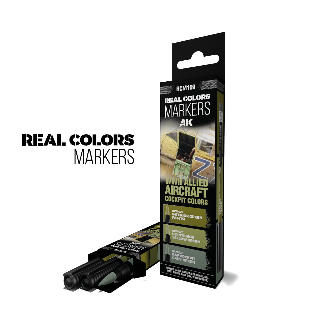AK Interactive Real Colors Markers Set for WWII Allied Aircraft Cockpit - includes Interior Green, US Interior Yellow Green, and RAF Cockpit Grey-Green