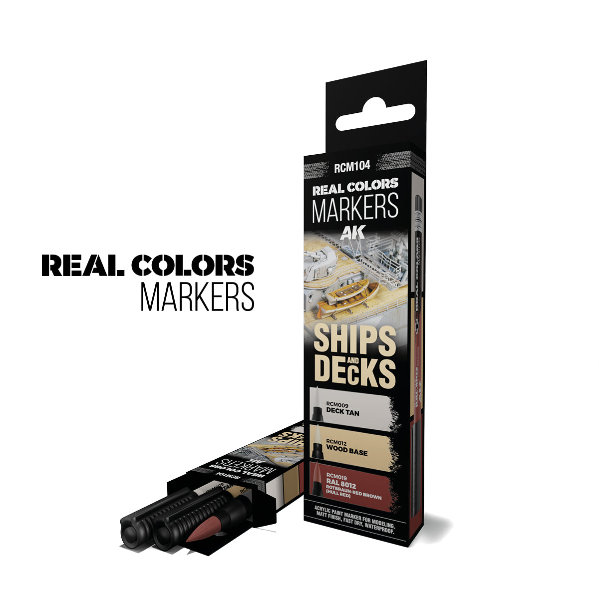 AK Interactive Real Colors Markers Ships & Decks Set RCM104 box containing three acrylic paint markers