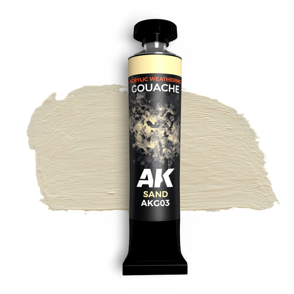 AK Interactive Sand - AK Gouache (20ml), ideal for creating sand, dirt, and earth effects on miniatures and models with a smooth finish.