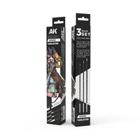 Close-up image of AK Interactive Tabletop Synthetic Brushes, showcasing the fine bristles for accurate paint application on miniatures.
