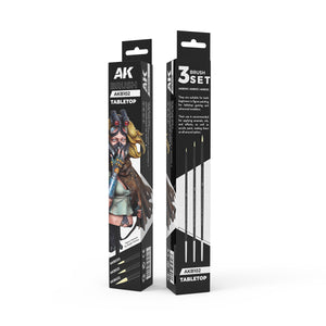 Close-up image of AK Interactive Tabletop Synthetic Brushes, showcasing the fine bristles for accurate paint application on miniatures.