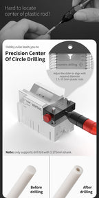 DSPIAE Hobby Cube panel: centre drilling plastic rods from 1.5 to 10.5 mm with a 3.175 mm shank bit