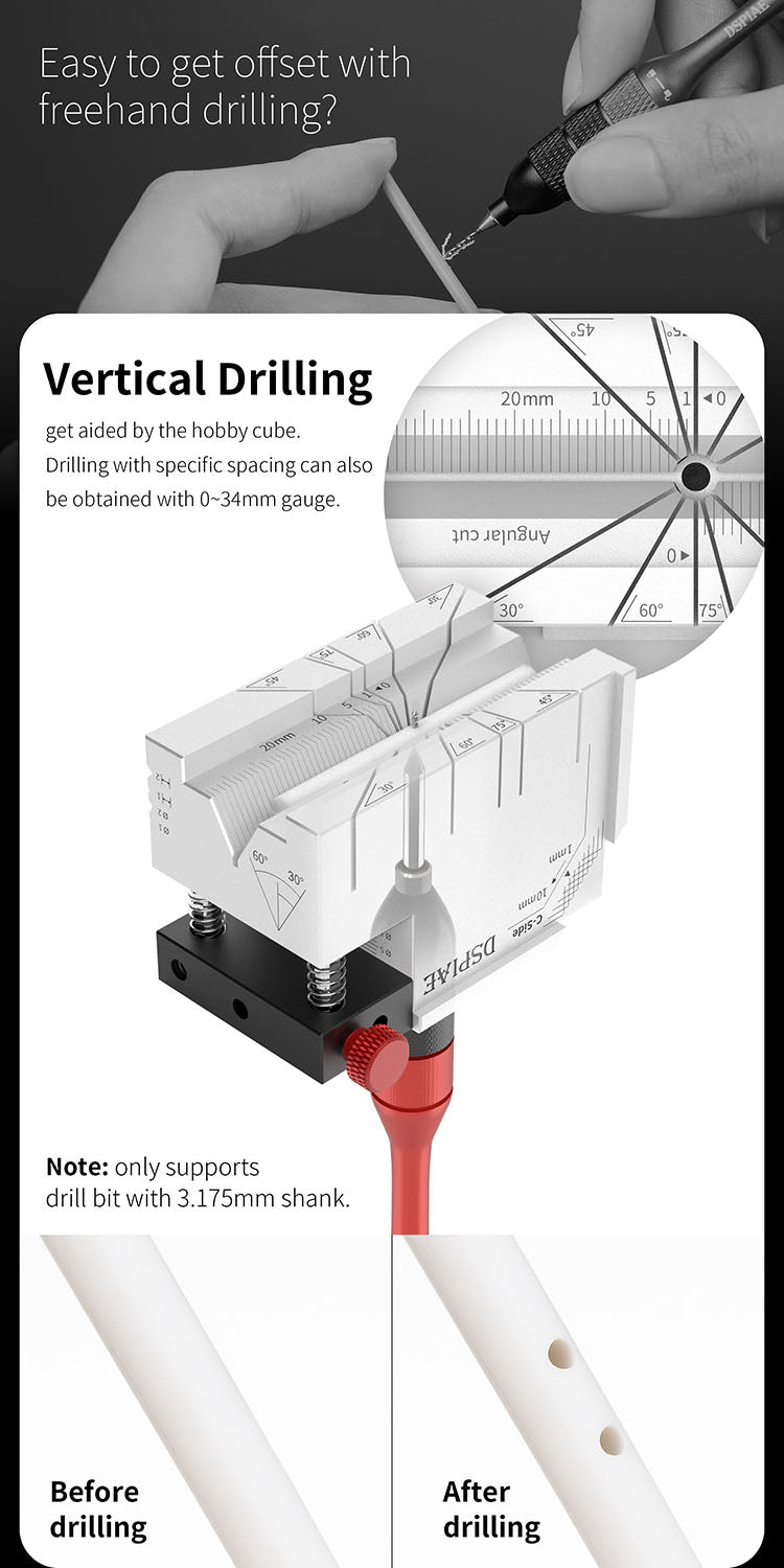 DSPIAE Hobby Cube panel: vertical drilling with a 0-34 mm gauge for evenly spaced holes in plastic rod
