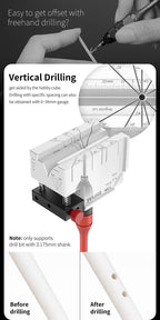 DSPIAE Hobby Cube panel: vertical drilling with a 0-34 mm gauge for evenly spaced holes in plastic rod