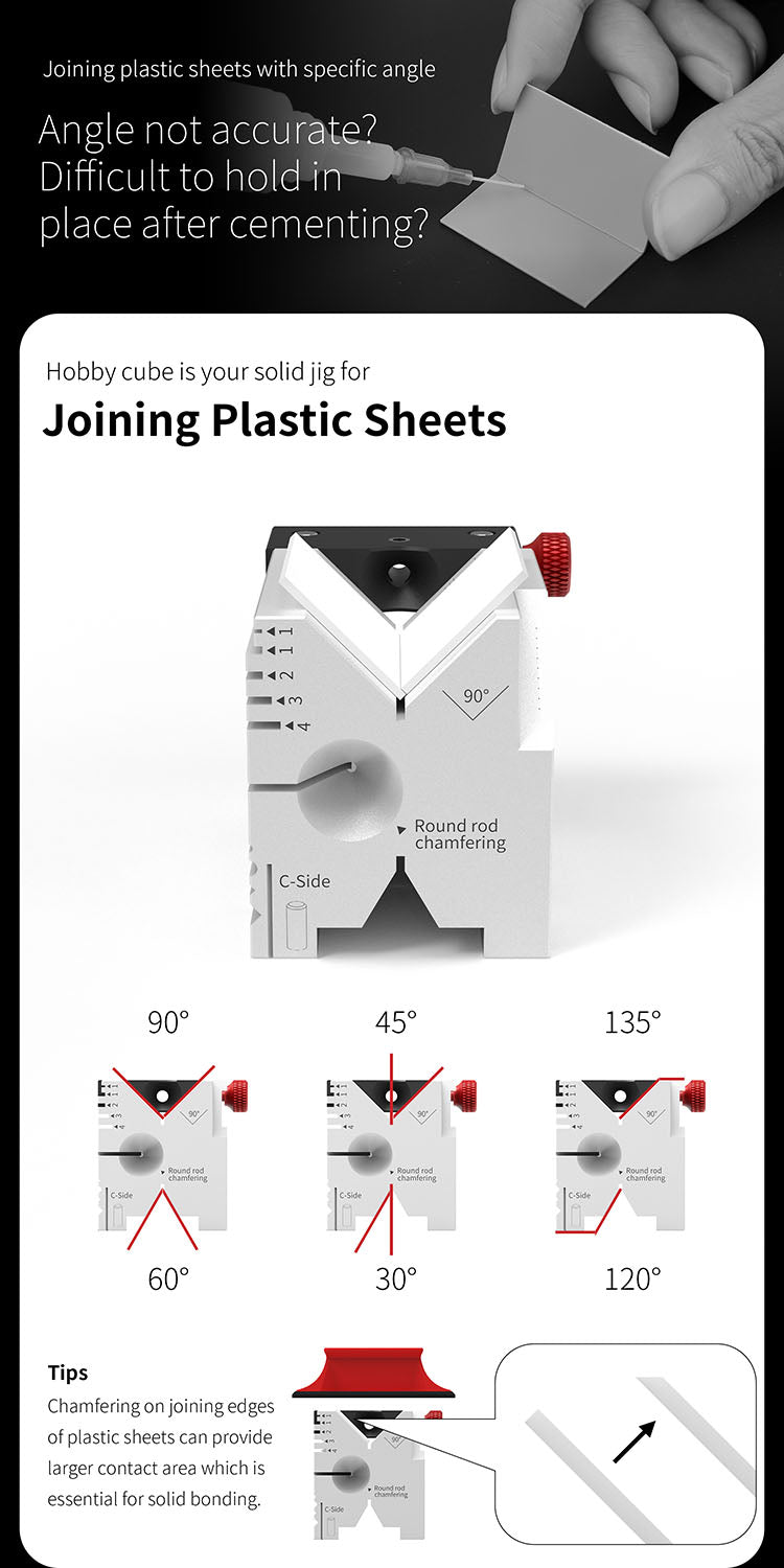 DSPIAE Hobby Cube panel: holding two plastic sheets at 30, 45, 60, 90, 120 or 135 degrees for cementing