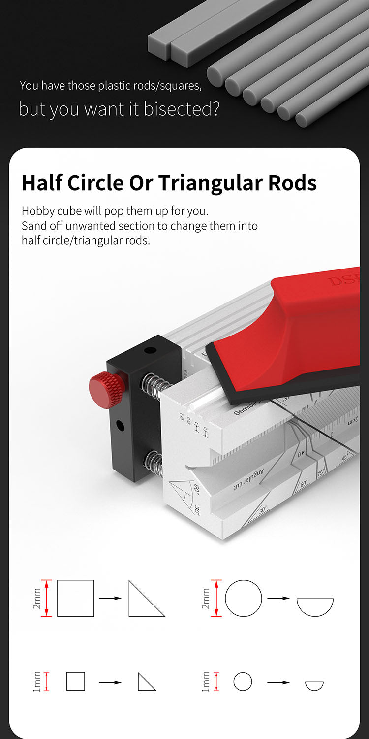 DSPIAE Hobby Cube panel: sanding 1 and 2 mm square or round rod into triangular or half-round section