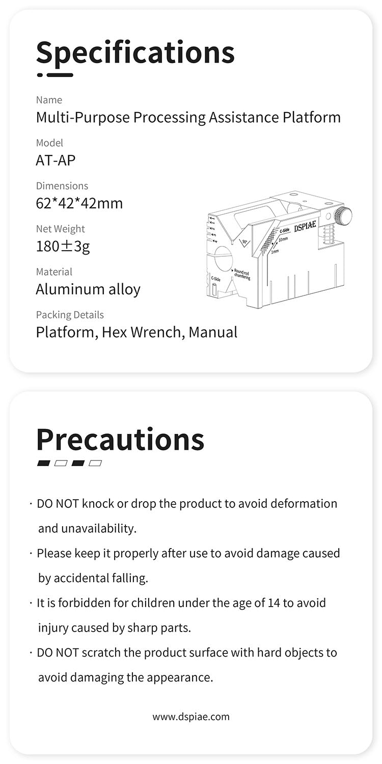 DSPIAE AT-AP specifications: 62 x 42 x 42 mm, 180 g, aluminium alloy, platform, hex wrench and manual