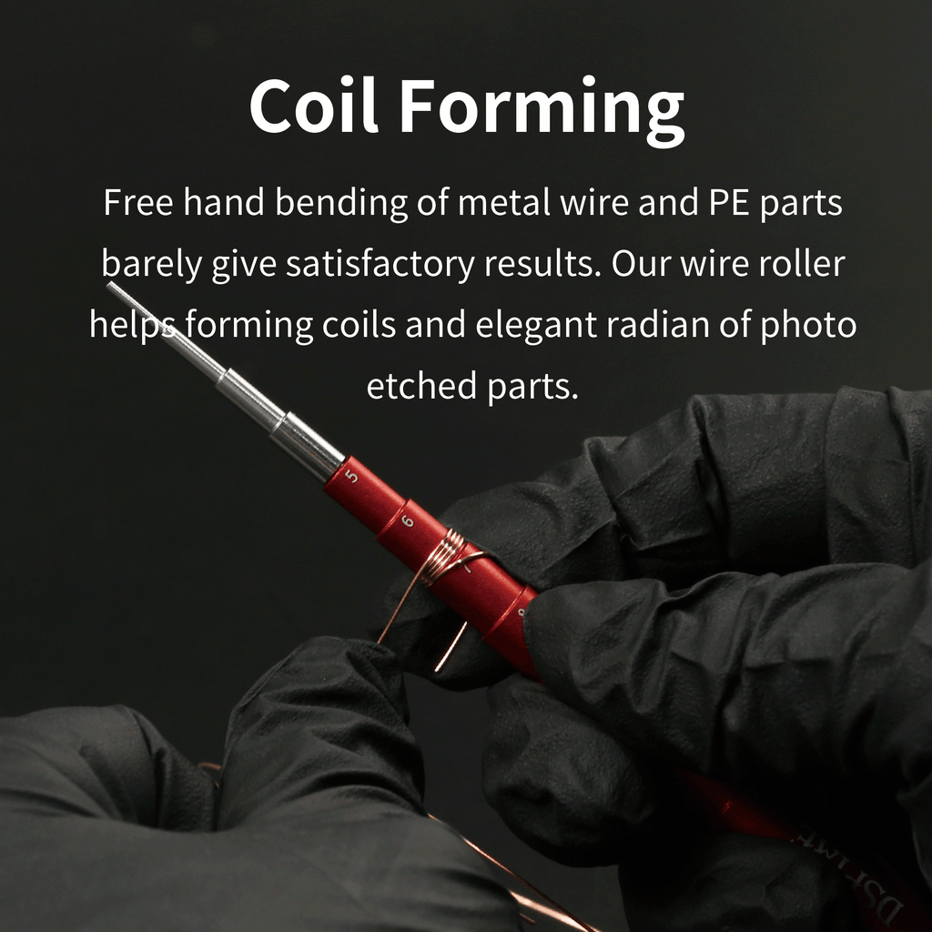 DSPIAE Coil Forming panel: copper wire wound into an even coil on the red AT-CR stepped roller