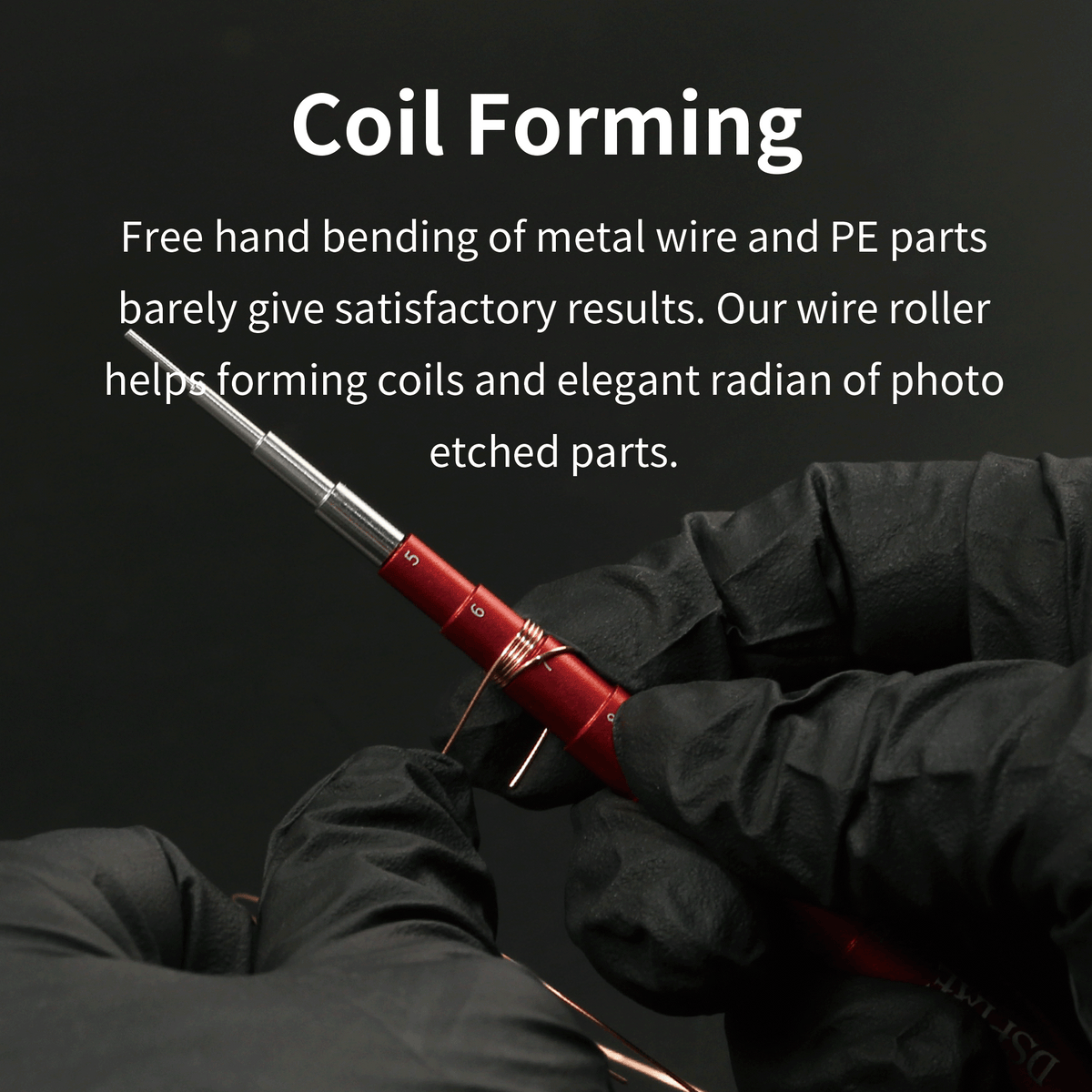 DSPIAE Coil Forming panel: copper wire wound into an even coil on the red AT-CR stepped roller