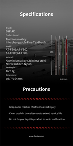DSPIAE specifications for the AT-FB brushes: aluminium alloy, stainless steel, nitrile rubber, nylon, 16 g