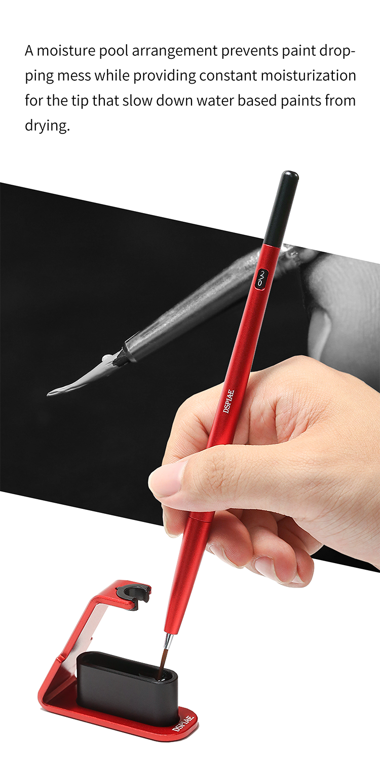 DSPIAE panel: a hand lifts the red AT-FB brush from its stand; the moisture pool keeps the tip wet