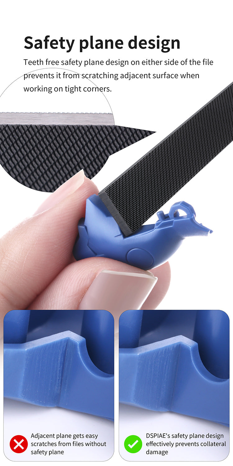 DSPIAE panel: teeth-free side faces stop the file scratching the next surface on a blue model part
