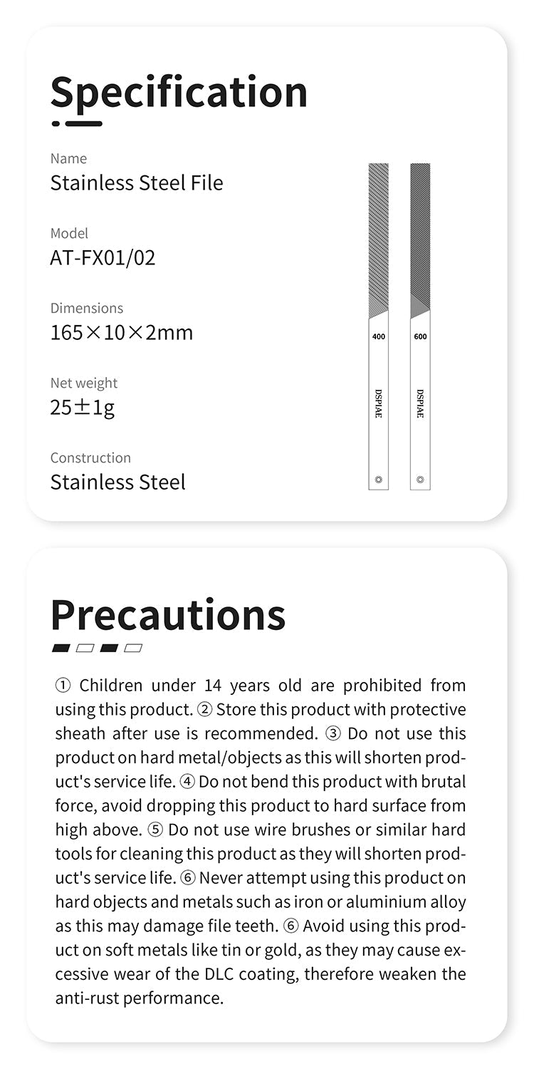 DSPIAE specification for AT-FX01/02: 165 x 10 x 2 mm, 25 g, stainless steel, with precautions