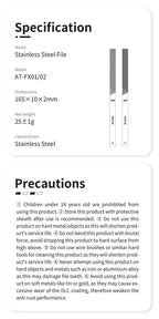 DSPIAE specification for AT-FX01/02: 165 x 10 x 2 mm, 25 g, stainless steel, with precautions