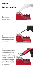 DSPIAE AT-GA demonstration: glue dropped on the steel column, picked up with an applicator, residue removed