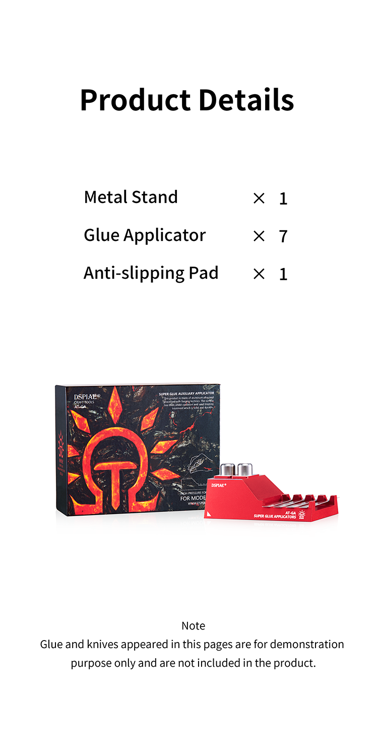 DSPIAE AT-GA product details: metal stand, seven glue applicators and an anti-slipping pad