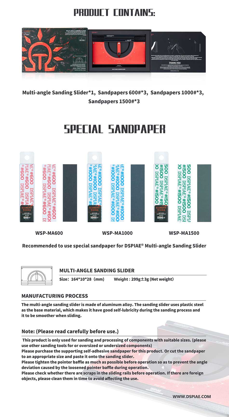 DSPIAE AT-MA contents and specification: slider, three each of 600, 1000 and 1500 grit paper, 299 g net