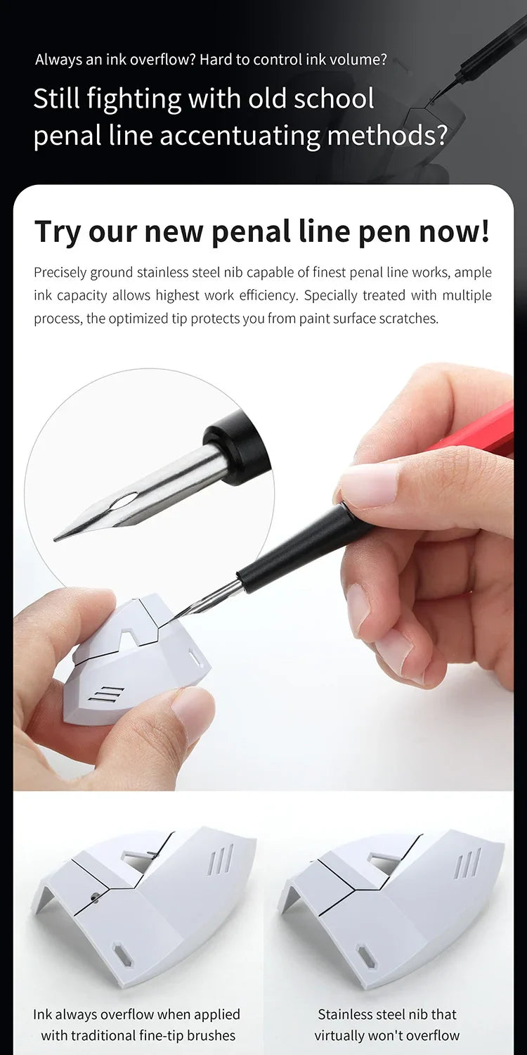 DSPIAE AT-PL PRO panel: a fine brush overflows a panel line, the stainless steel nib does not