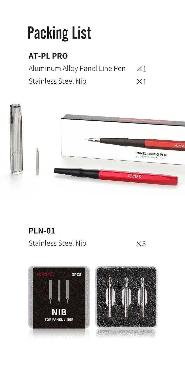 DSPIAE packing list: PLN-01 holds three stainless steel nibs, the spare nib for the AT-PL PRO pen