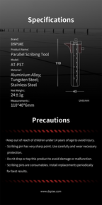 DSPIAE specifications for the AT-PST: aluminium alloy, tungsten steel and stainless steel, 24 g, 110 × 40 × 6 mm