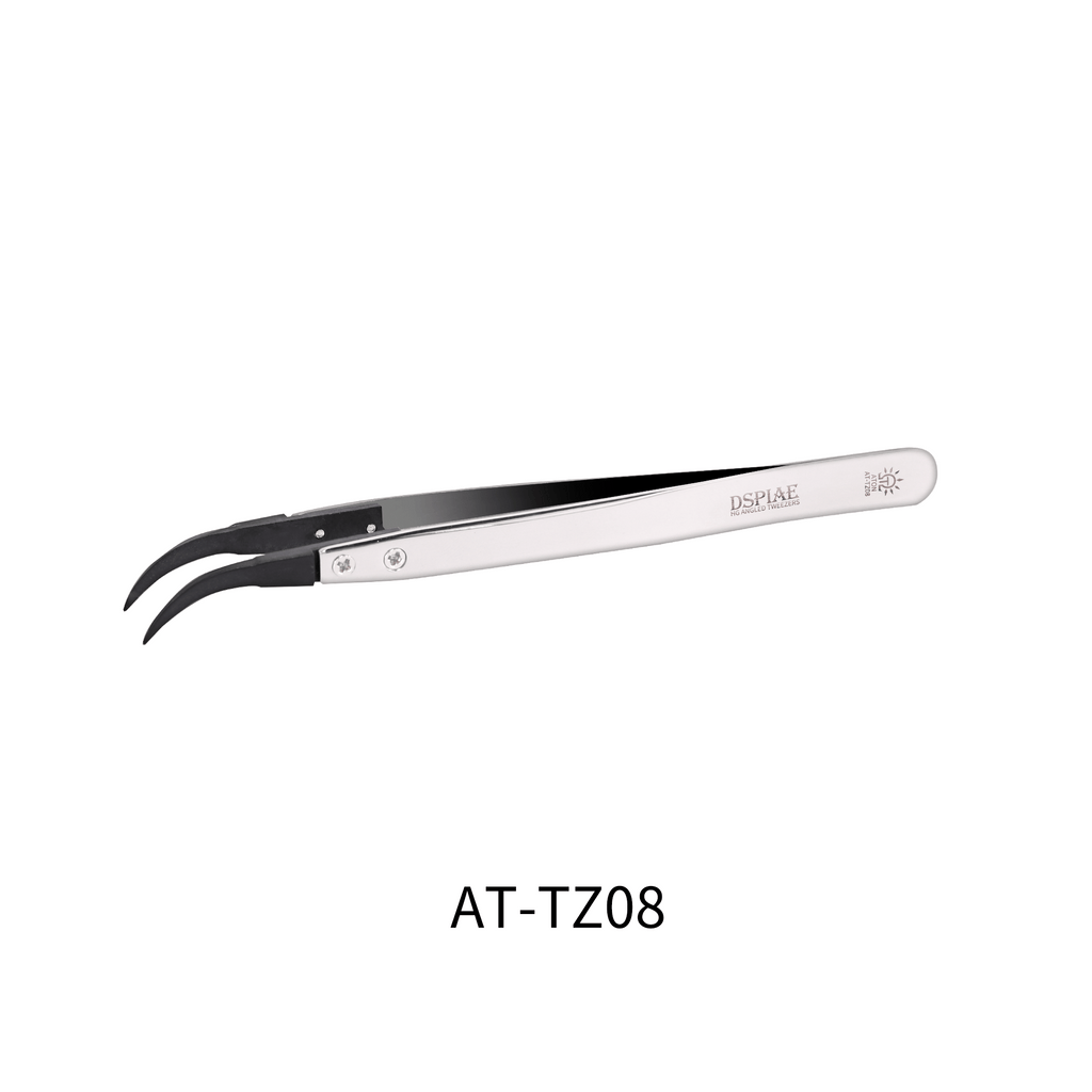 DSPIAE AT-TZ08 anti-static tweezers on white, captioned AT-TZ08, showing the curved carbon fibre tips and steel arms