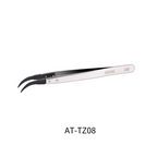 DSPIAE AT-TZ08 anti-static tweezers on white, captioned AT-TZ08, showing the curved carbon fibre tips and steel arms