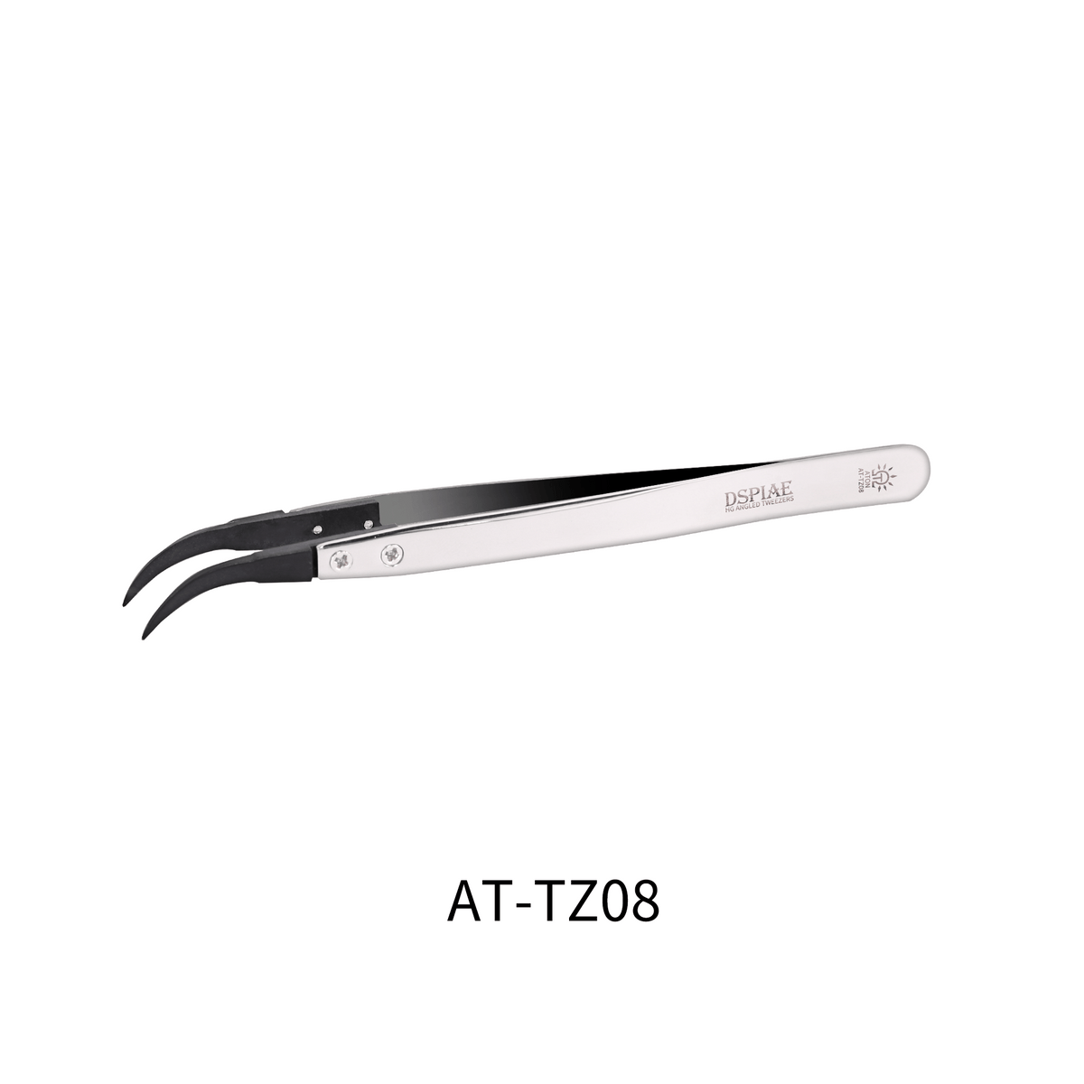 DSPIAE AT-TZ08 anti-static tweezers on white, captioned AT-TZ08, showing the curved carbon fibre tips and steel arms