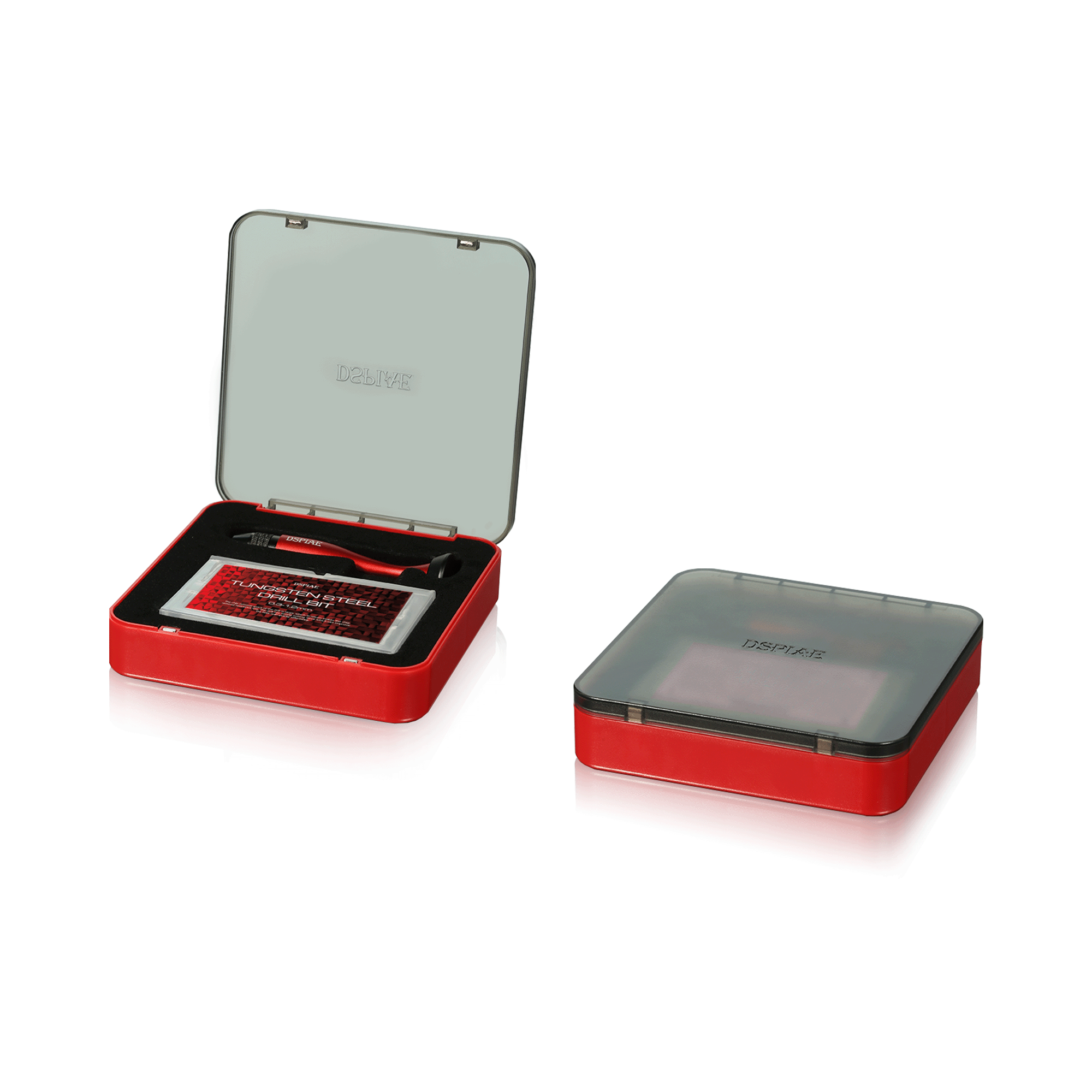 AT-VHDS storage case open with drill and bits inside, and closed, white background