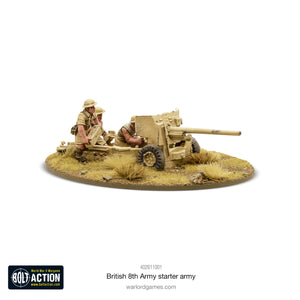  British 8th Army anti-tank gun team miniatures, ready to take on armored threats in WWII wargames.

