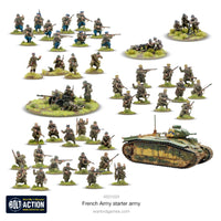 Fully assembled and painted miniatures from the Bolt Action French Army Starter Army, including infantry, vehicles, and artillery.
